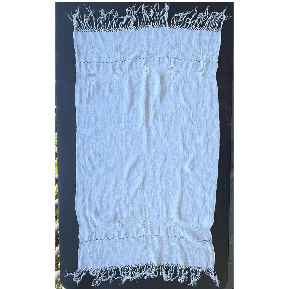 Vintage White Linen Table Runner Embroidered Fringed Edge 23x47 Home Decor